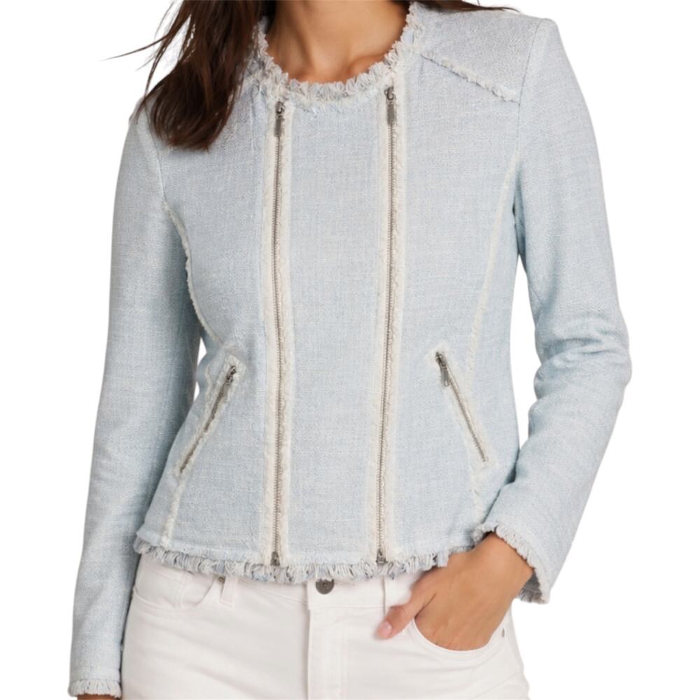 Sundance Tweed Blazer Moto Double Zip Pockets Raw Frayed Edge Sky Blue 8